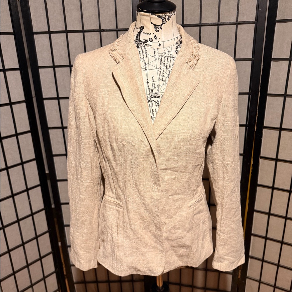 Tahari Linen Textured tweeted tailored hide button rustic coastal neutral 12